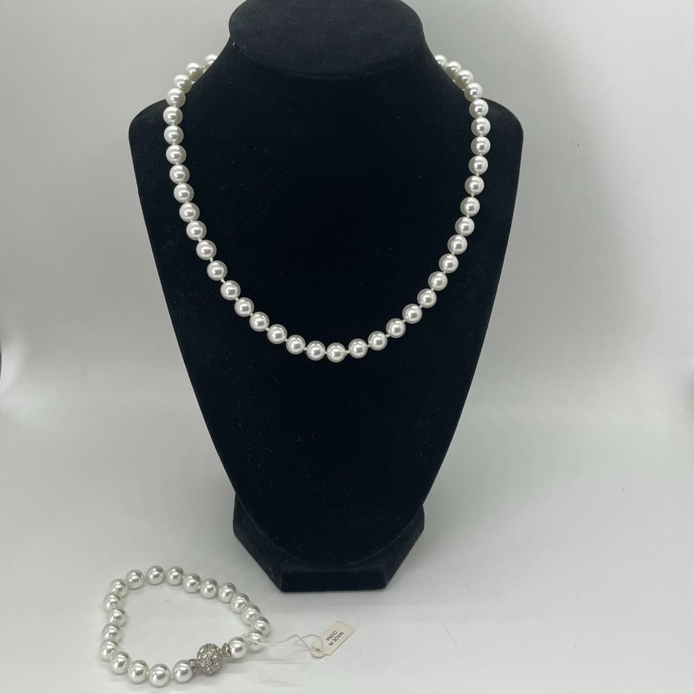 Knotted Faux Pearl Necklace & Matching Bracelet w/ Rhinestone Magnetic Closure